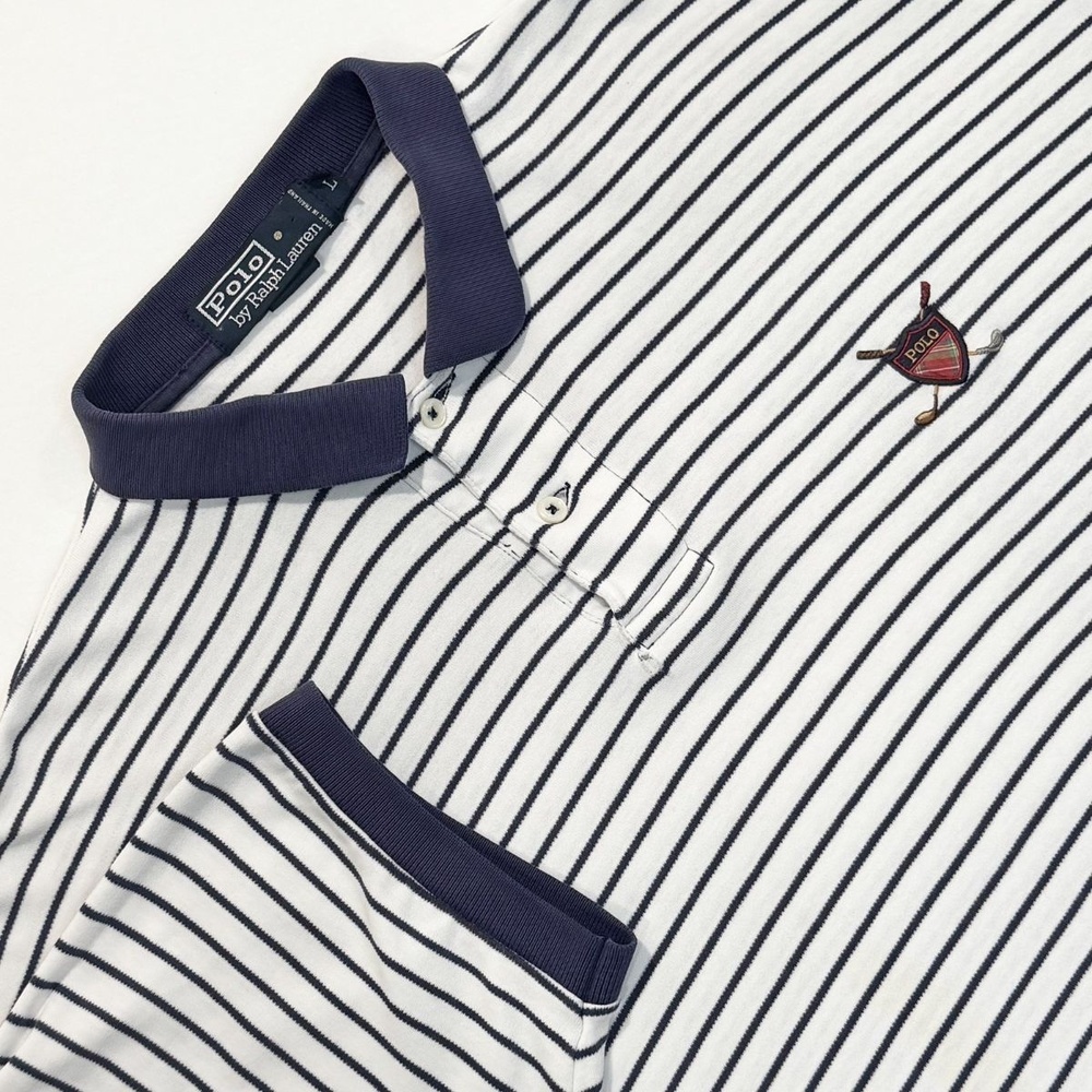 Vintage Polo Ralph Lauren Polo Shirt Mens L White Stripe Golf Embroidered Crest